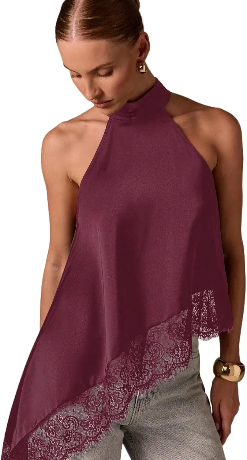 

Асимметричный топ на шее с кружевной отделкой, без рукавов