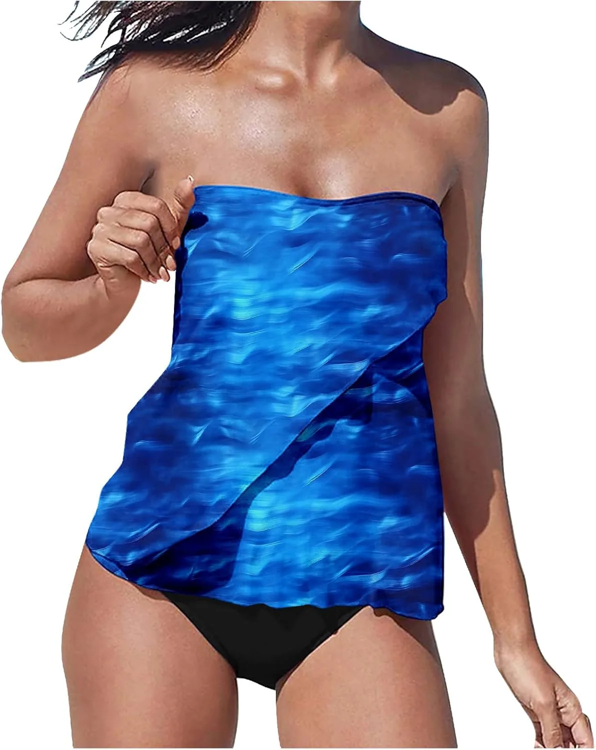 Strapless Tankini для женщин с эффектом контроля живота, 2-х частный купальник, топ-бюстье с блузоном и бикини-нижняя часть Generic, мультиколор
