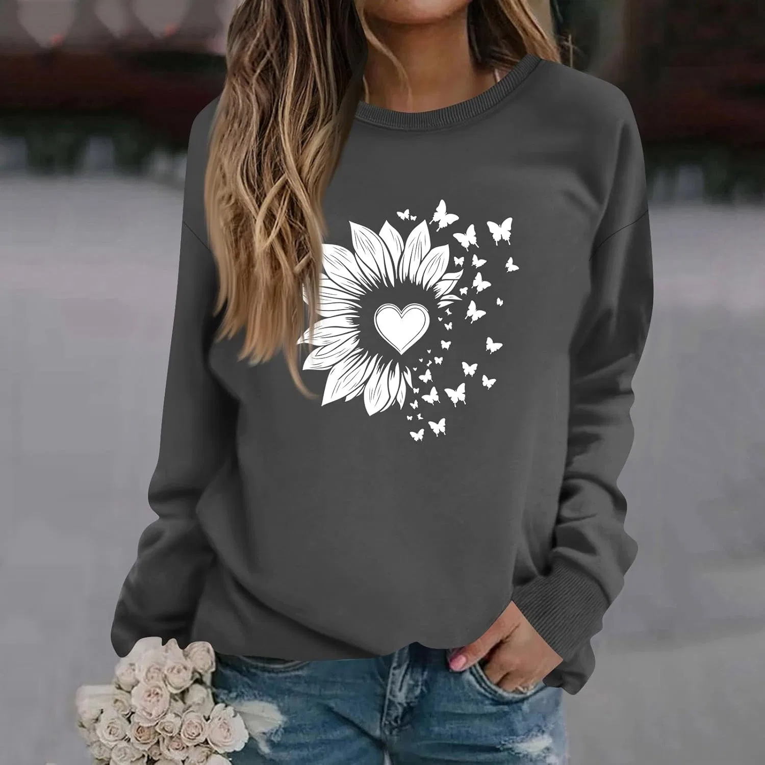 Женский свитшот с цветочным принтом, длинный рукав, свободный крой, 3-dark Gray — фото 2