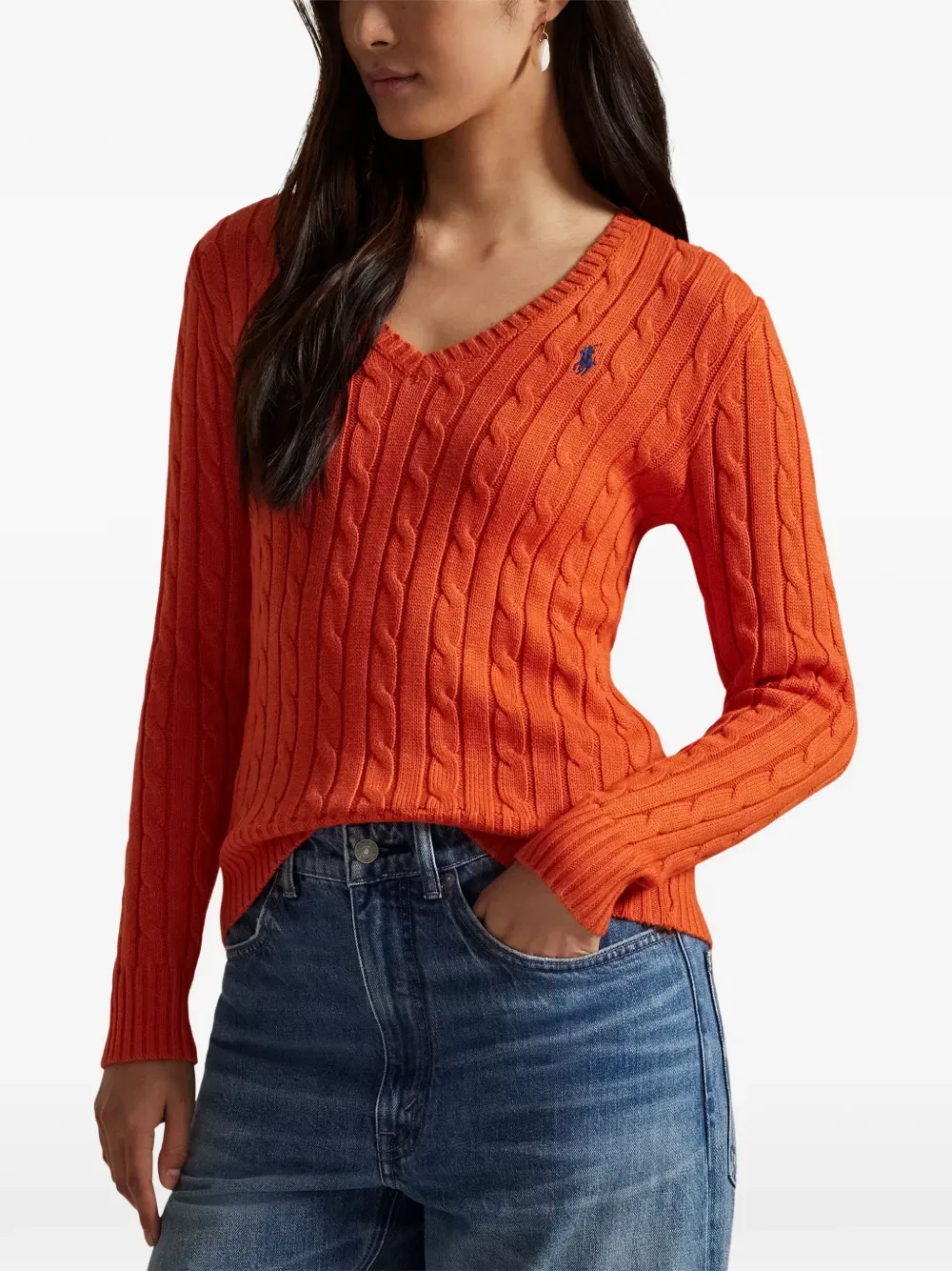 Свитер крупной вязки с V-образным вырезом Polo Ralph Lauren, оранжевый — фото 3