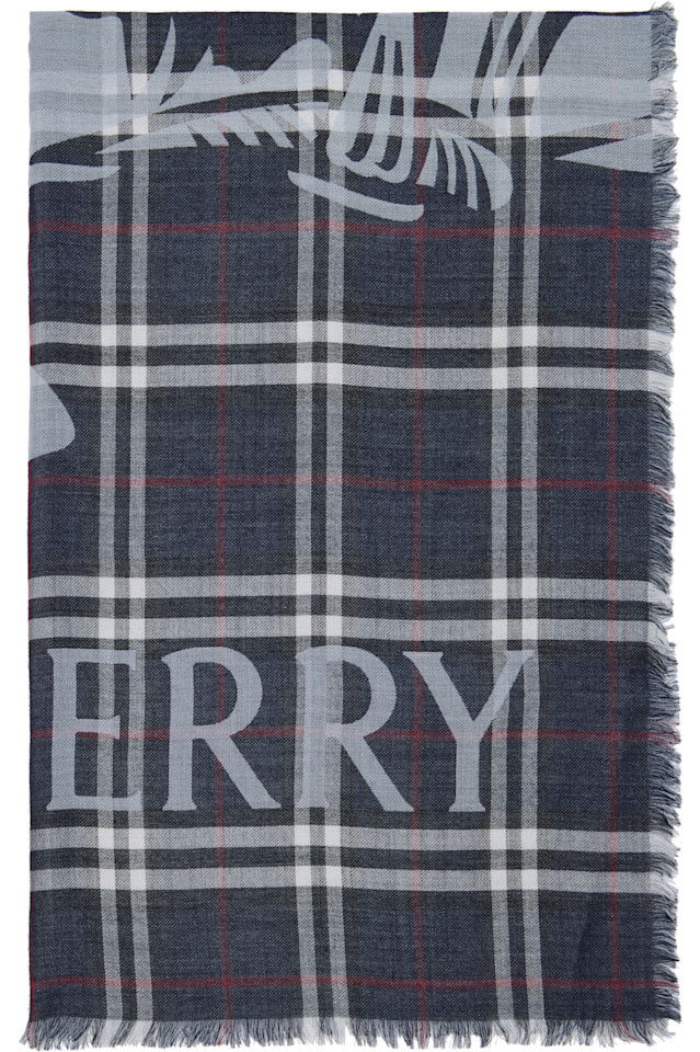 

Burberry Широкий шерстяной шелковый шарф темно-синего цвета в клетку ekd