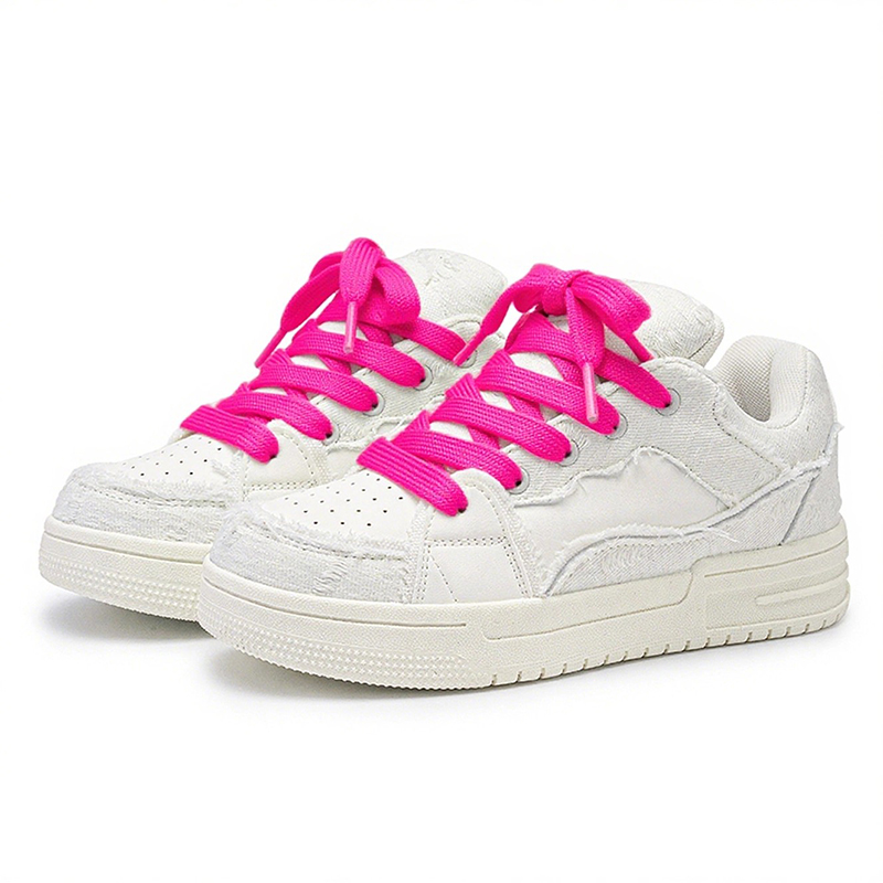 

N6K8 Низкие скейтерские кроссовки унисекс белые с розовыми шнурками, цвет White (Pink Shoelace)