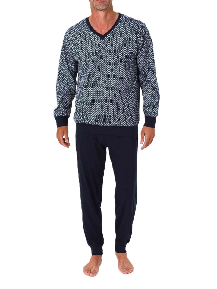 

NORMANN Пижамный комплект с длинными рукавами, манжетами и V-образным вырезом, синего цвета