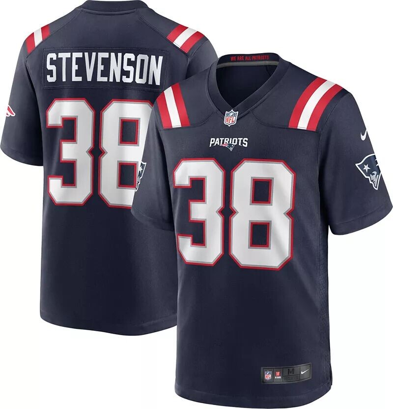 

Мужская игровая майка Nike New England Patriots Rhamondre Stevenson #38 темно-синего цвета