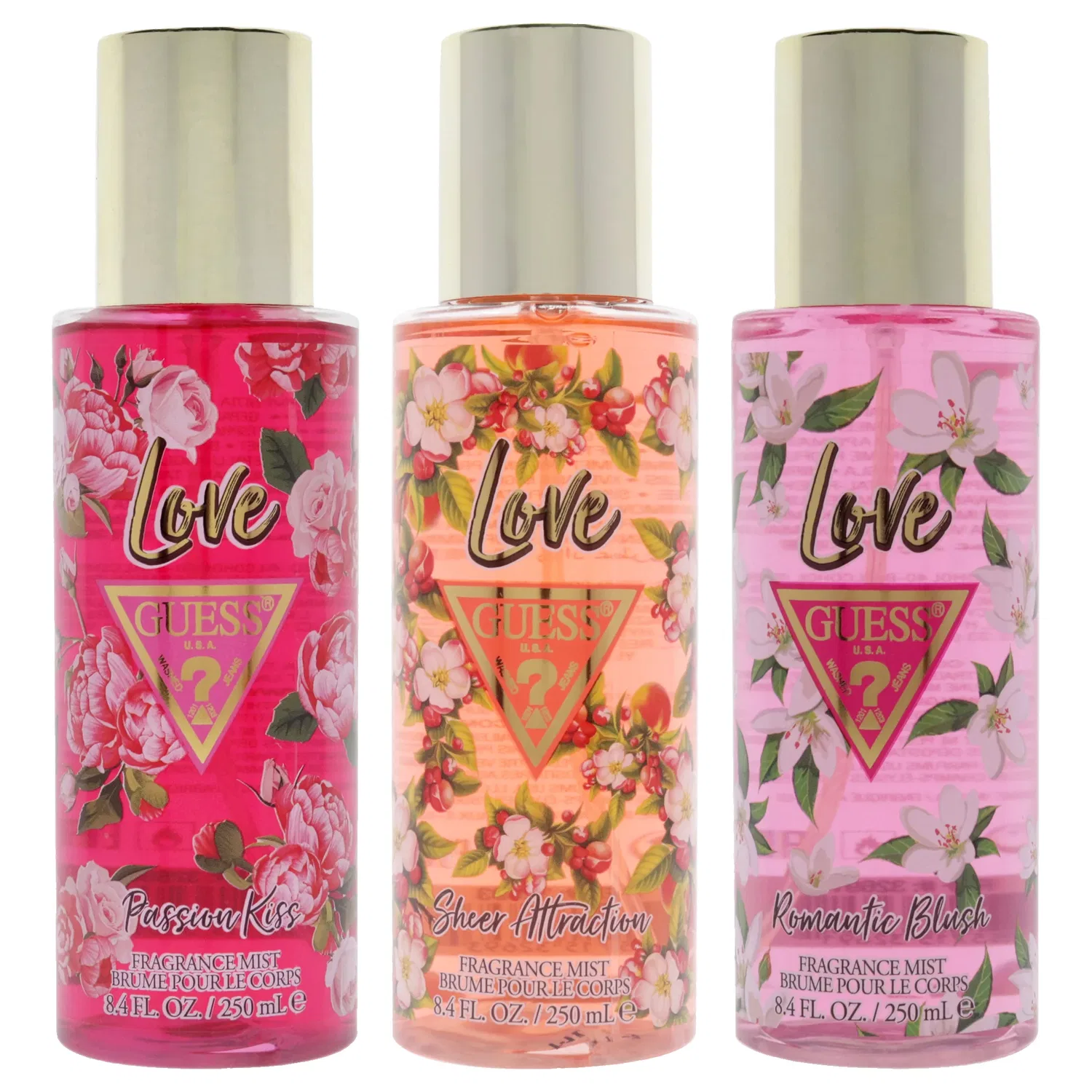 Набор Guess Love Kit от Guess для женщин - 3 предмета: парфюмерный спрей Passion Kiss (240 мл), парфюмерный спрей Romantic Blush (240 мл), парфюмерный спрей Sheer Attraction (240 мл), Clear