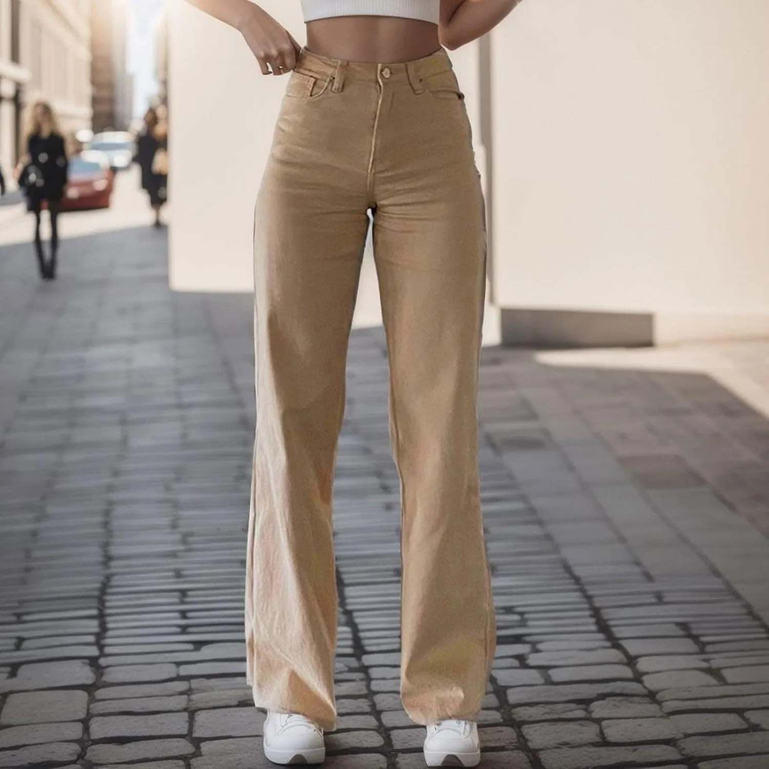 Джинсы свободные, высокие, Beige, Pull On Jeans — фото 2