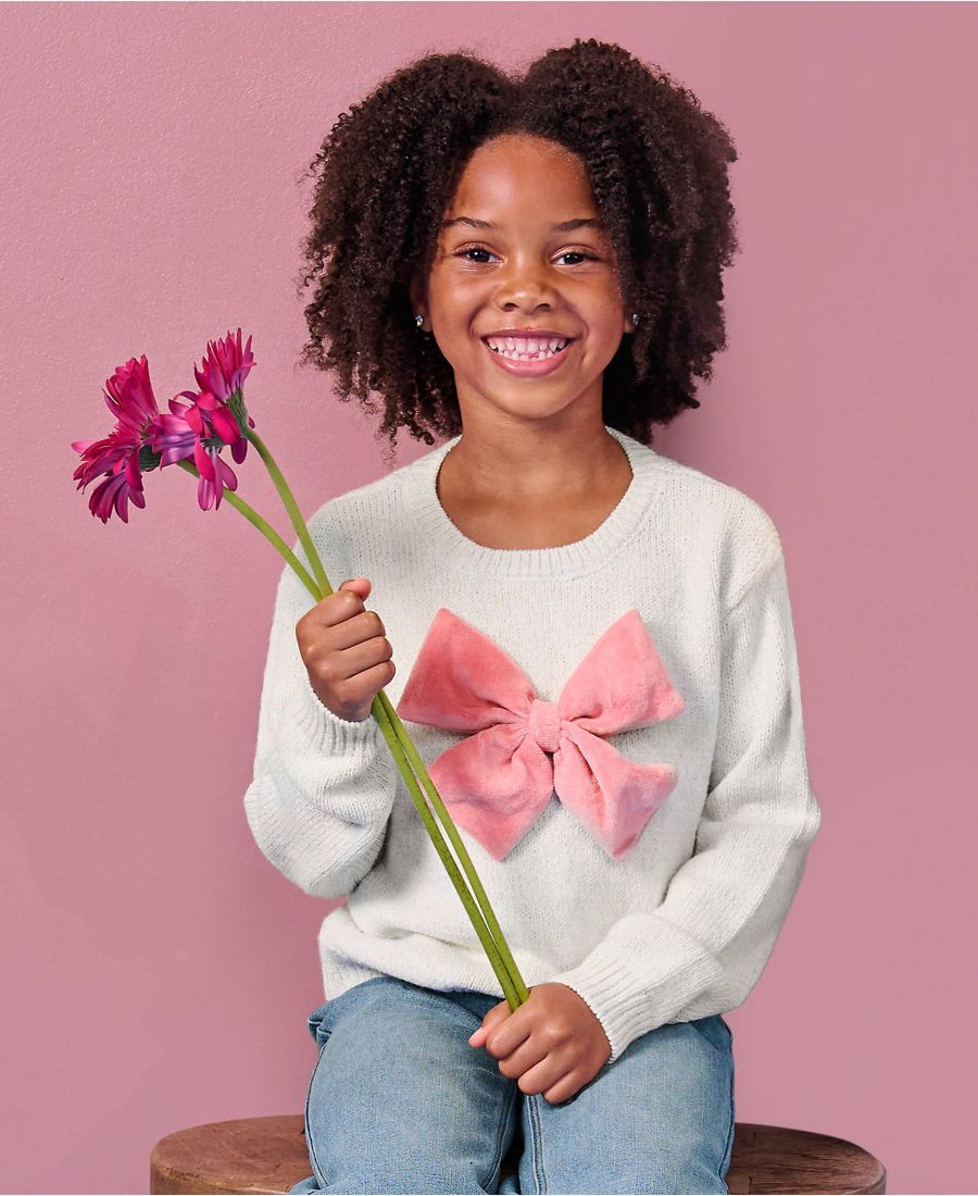 

Вязаный свитер с бантом для встречи девочек Lands' End, Ivory/mauve bow