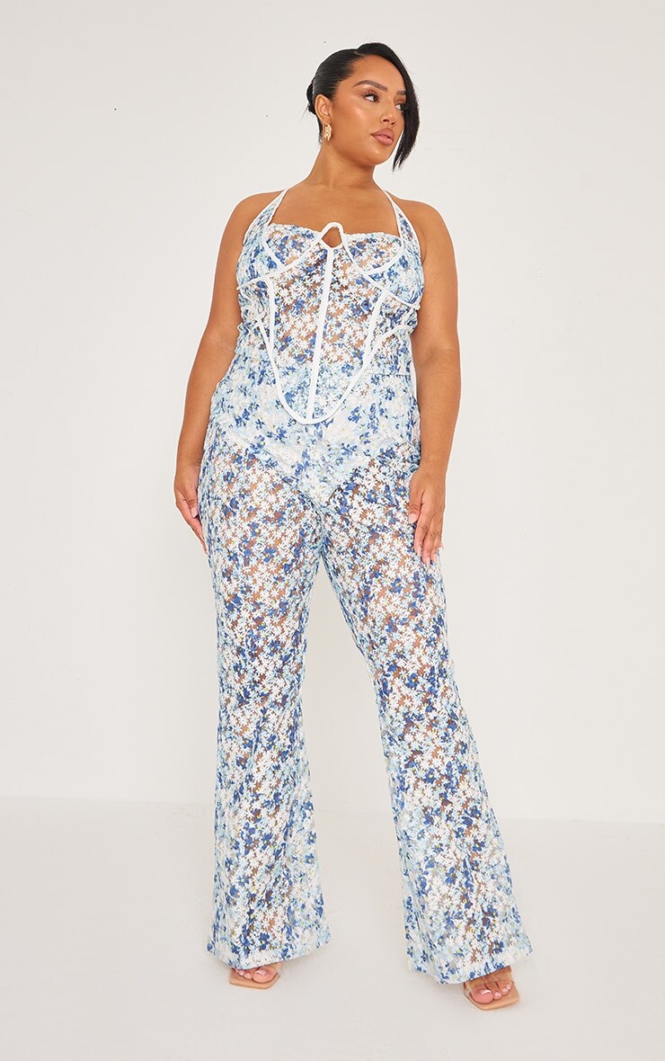

PrettyLittleThing Плюс синие прямые брюки с жаккардовым цветочным принтом, Синий, PrettyLittleThing Плюс синие прямые брюки с жаккардовым цветочным принтом