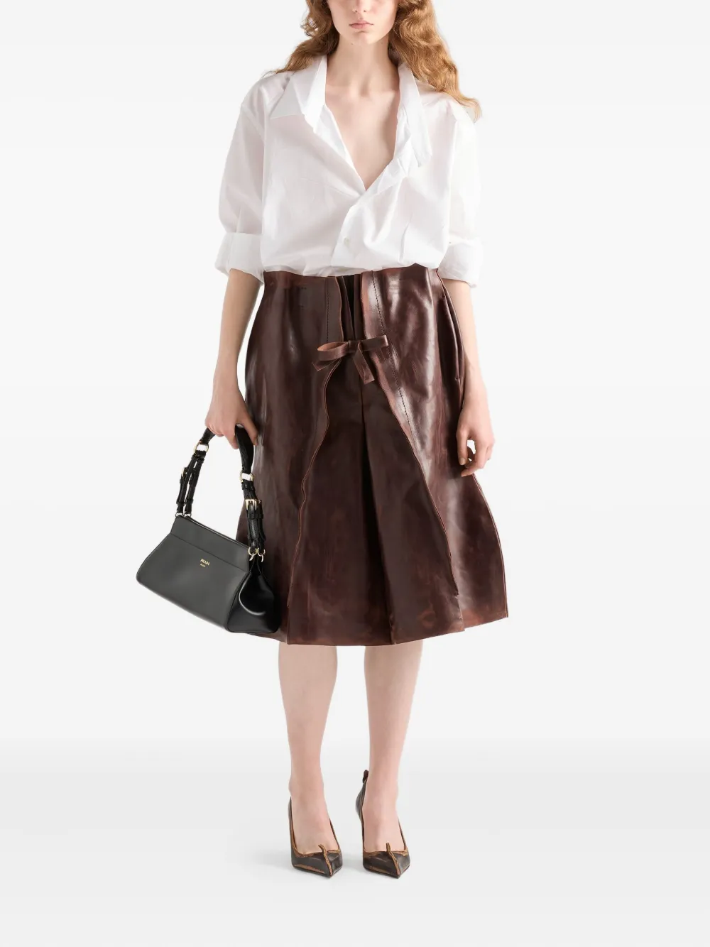 

Кожаная юбка миди Prada, коричневый