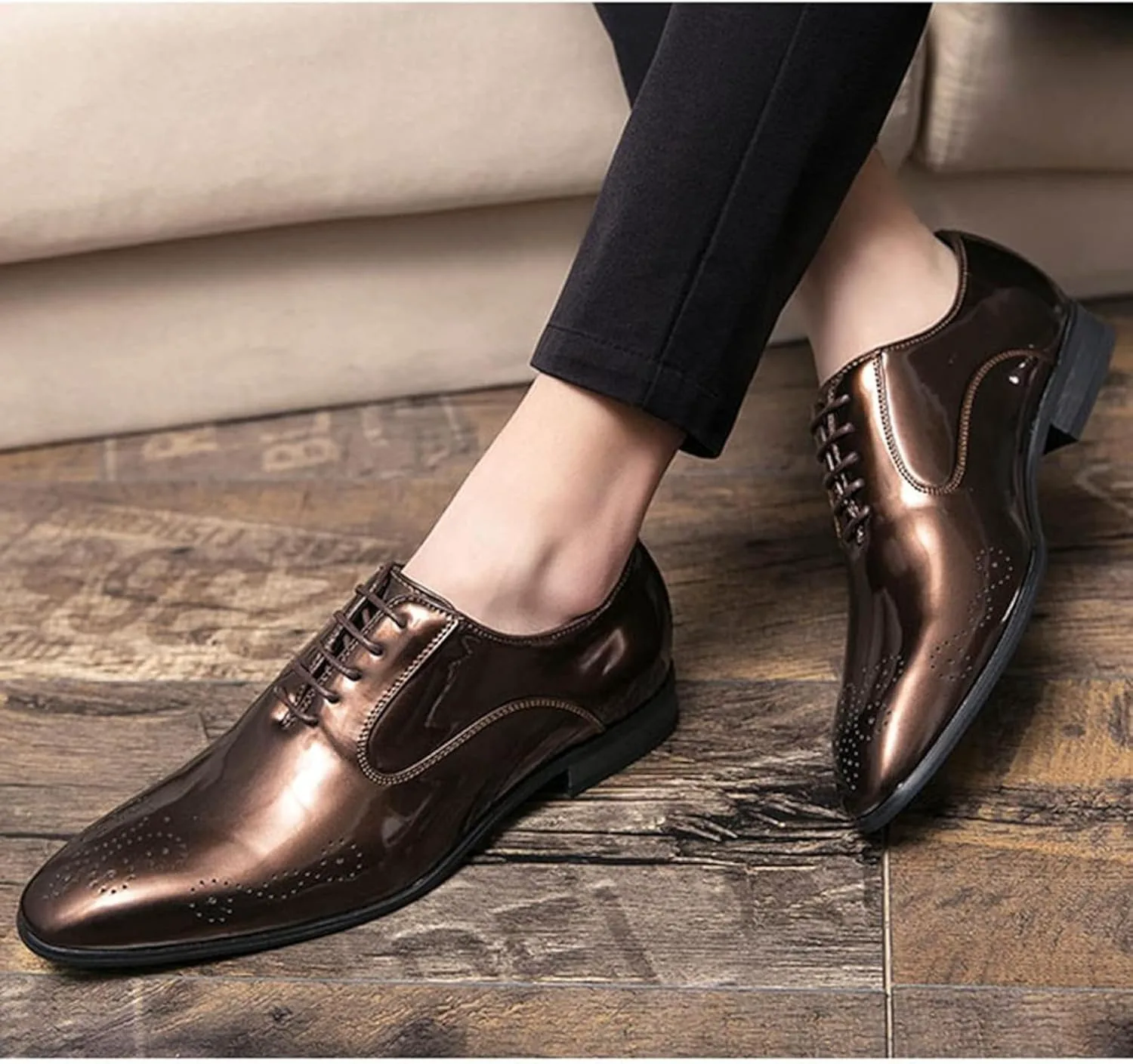 Мужские весенне-летние повседневные туфли-оксфорды из лакированной кожи с острыми ремешками для торжественных случаев и свадеб Generic, коричневый — фото 3