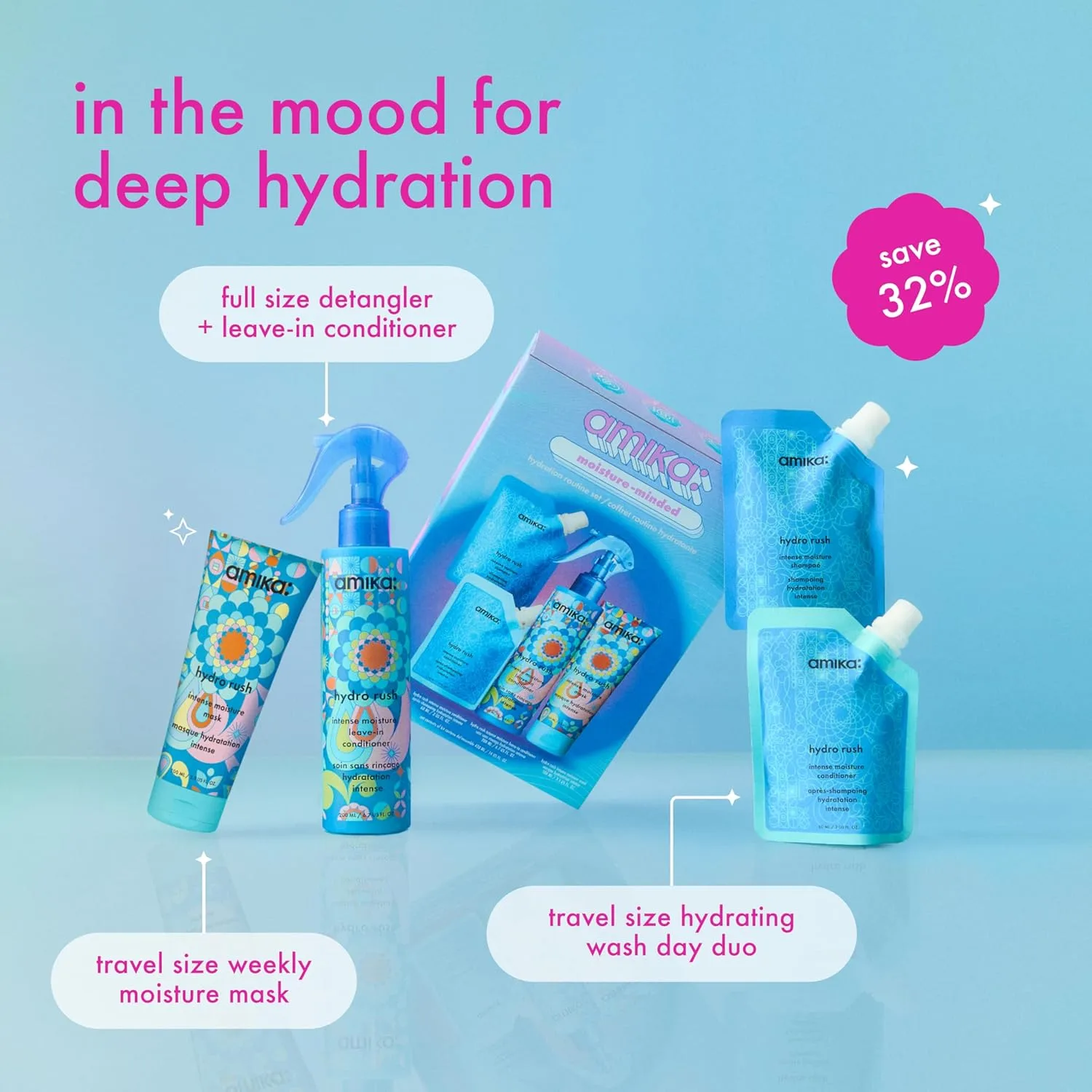 Набор для увлажнения волос amika moisture-minded hydration routine set | подарочный набор для сухих волос, одобрен для путешествий по правилам TSA. — фото 2