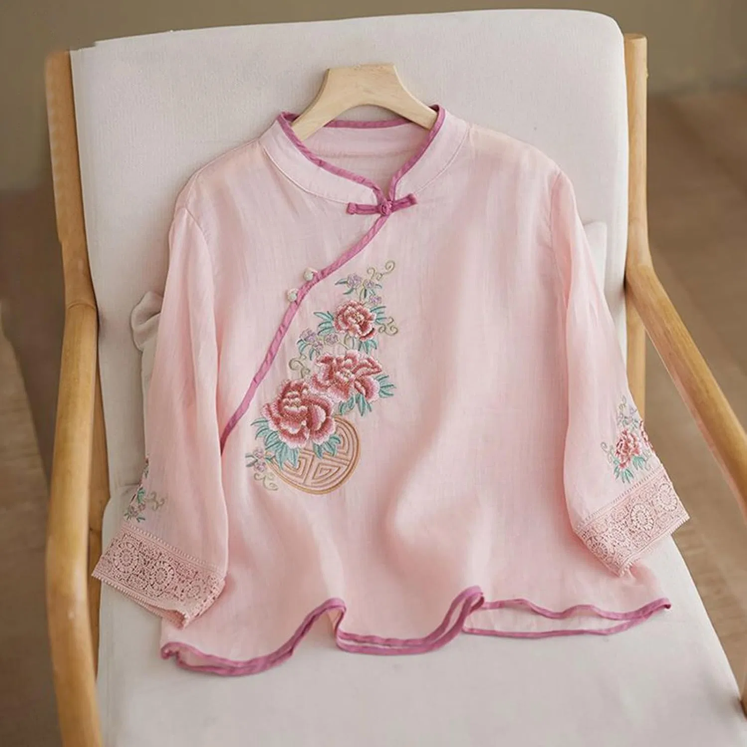 Блузка женская из хлопка и льна, T-Shirt, розовый — фото 3