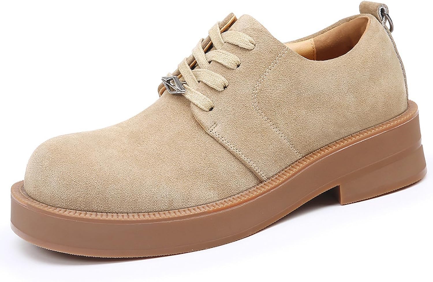 

Мужские замшевые оксфорды на платформе с металлическим декором, винтажный дизайн с круглым носком, шнуровка, противоскользящая подошва с рифлением, массивный каблук, повышающие рост дерби для повседневной и деловой носки Azagneem, Camel
