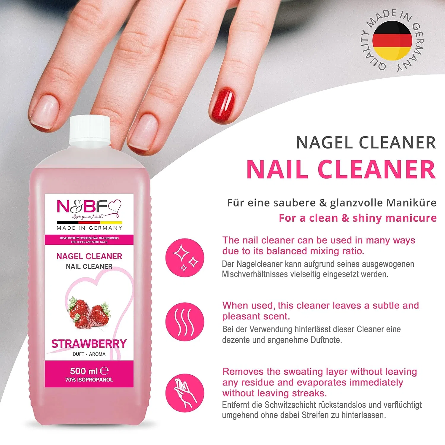 Набор N&BF Nail Cleaner с ароматом клубники 500 мл и 1000 целлюлозных салфеток Nails Factory — фото 2