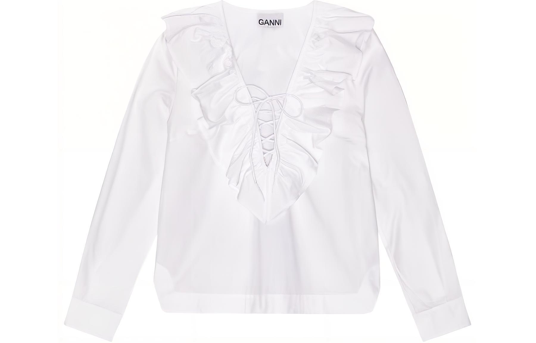 

Рюшечная блузка с V-образным вырезом и прямым подолом GANNI, белый