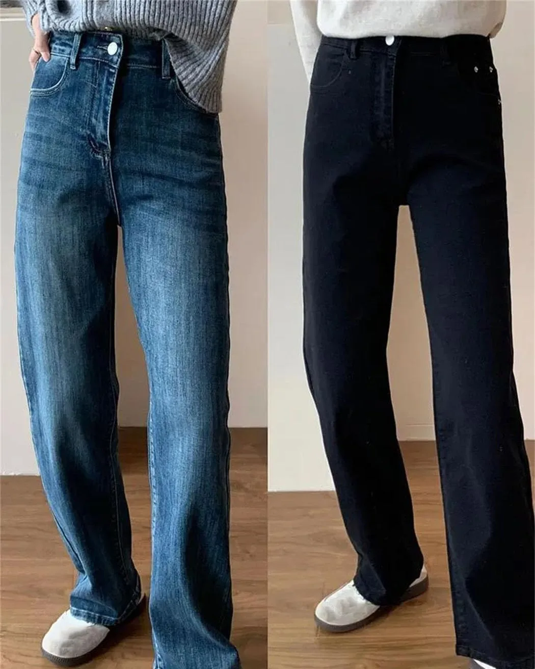 Женские джинсы Stretch Baggy Straight Leg осень-зима Casual High Waist Long Denim Pants Generic, черный — фото 2