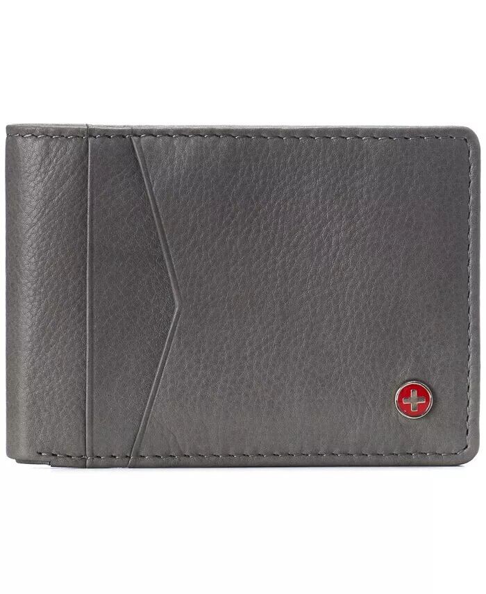 

Мужской тонкий складной кошелек RFID Safe Bifold из натуральной кожи с идентификационным окном Alpine Swiss, серый