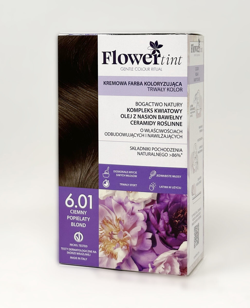 

Flowertint, Стойкая краска для волос, Серия Пепел, 6.01 Темно-Пепельный Блондин