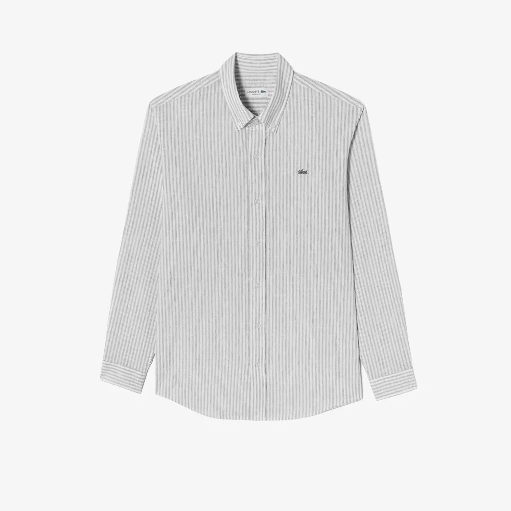 Мужская полосатая рубашка из смесового льна меланжево-серого цвета от Lacoste — фото 2