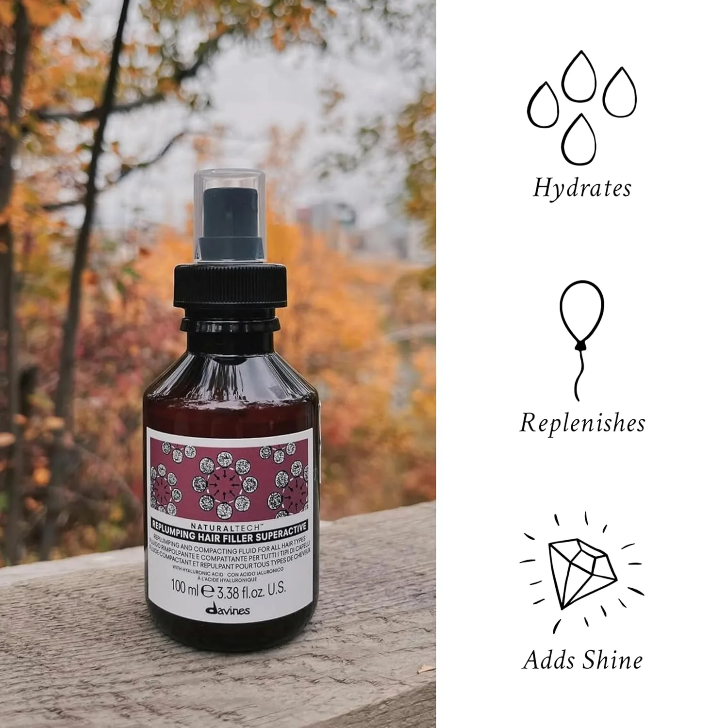 Davines Naturaltech Replumping Hair Filler Superactive, увлажняющее средство для тонких волос, лишенных эластичности, с экстрактом сливы - уплотняет и наполняет волосы, дорожный размер, 100 мл — фото 3