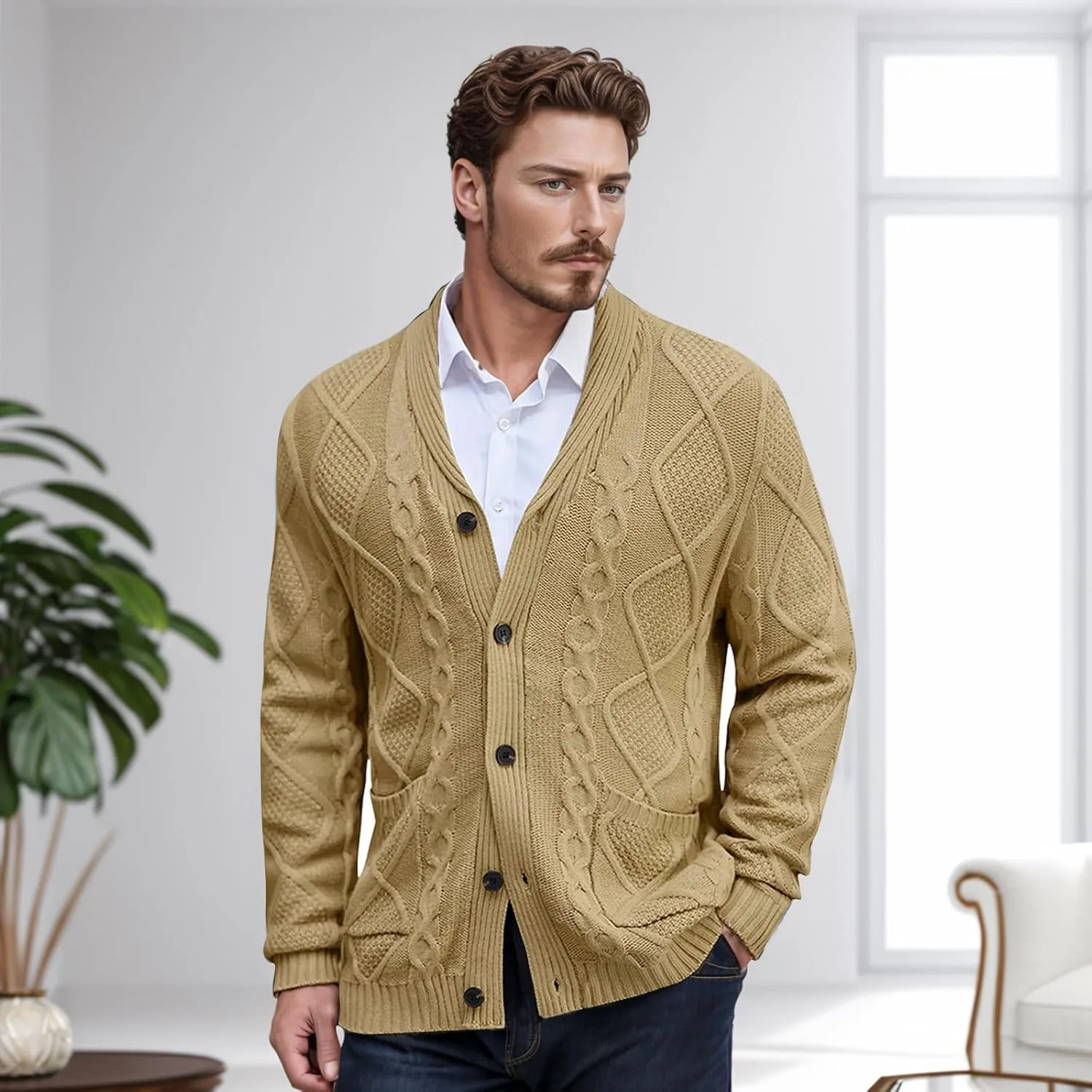 Мужской кардиган с длинными рукавами и воротником-шалью, Regular Fit, Plus Size — фото 2
