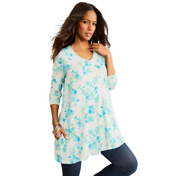 

Женская футболка-туника plus size с V-образным вырезом Roaman'S, White Tie Dye Flowers, Белый, Женская футболка-туника plus size с V-образным вырезом Roaman'S, White Tie Dye Flowers