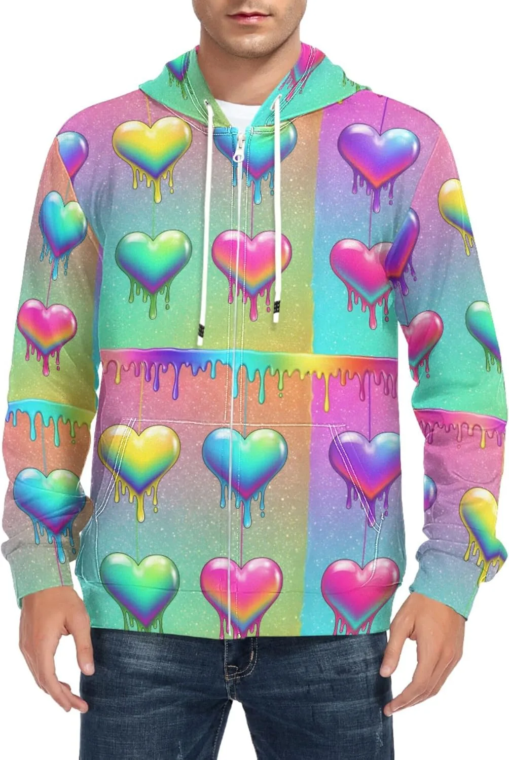 

Мужской худи на молнии с принтом в виде разноцветных сердец, длинный рукав, с карманом CUPADA