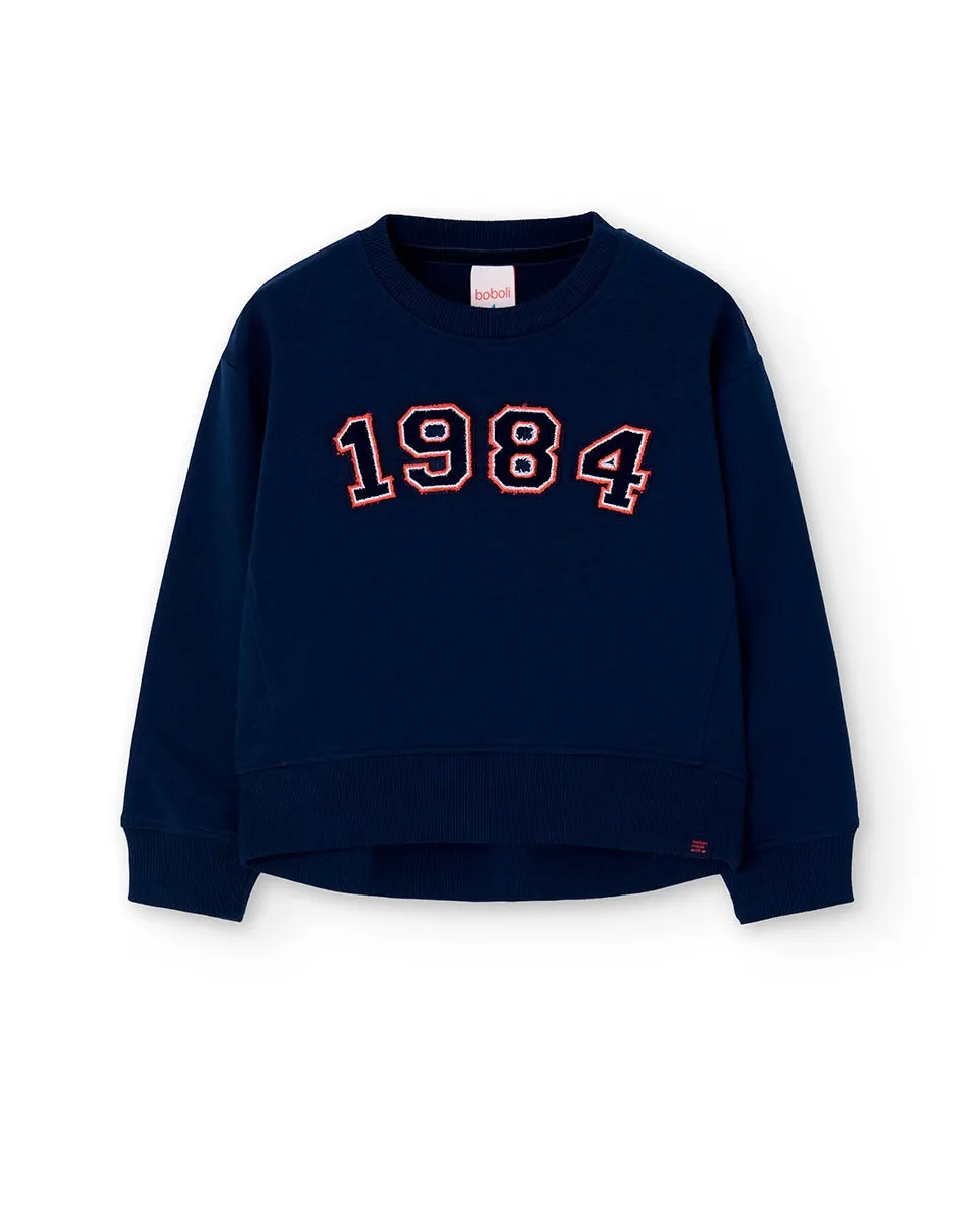 

Детская флисовая толстовка с надписью спереди и круглым вырезом Boboli, темно-синий