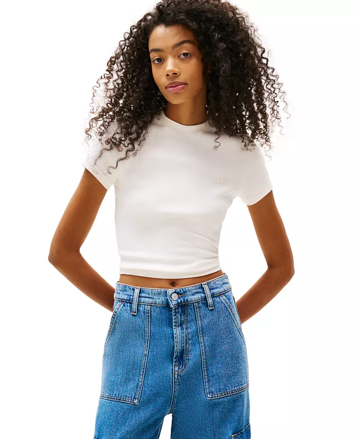 

Женская облегающая укороченная футболка в рубчик Tommy Jeans, белый
