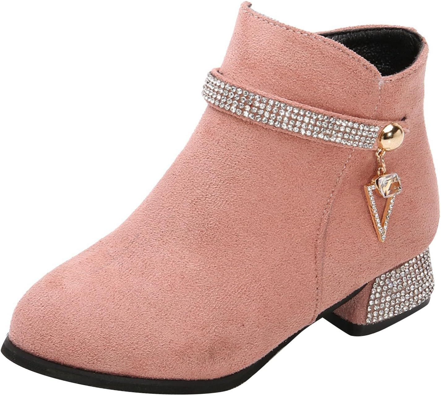 

Бархатные ботильоны с камнями для девочек осень-зима, круглый носок, массивный каблук, модные ботинки для свадьбы и вечеринки Generic, Pink