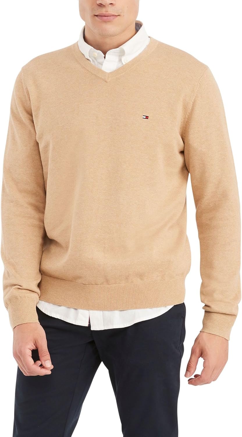 

Мужской свитер Tommy Hilfiger Essential из хлопка с длинным рукавом и V-образным вырезом, Light Beige Heather