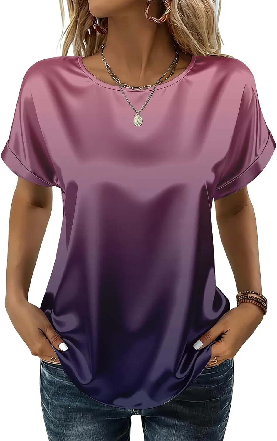 Блуза с коротким рукавом, сатиновая, Satin Blouse, 1-темно-фиолетовый