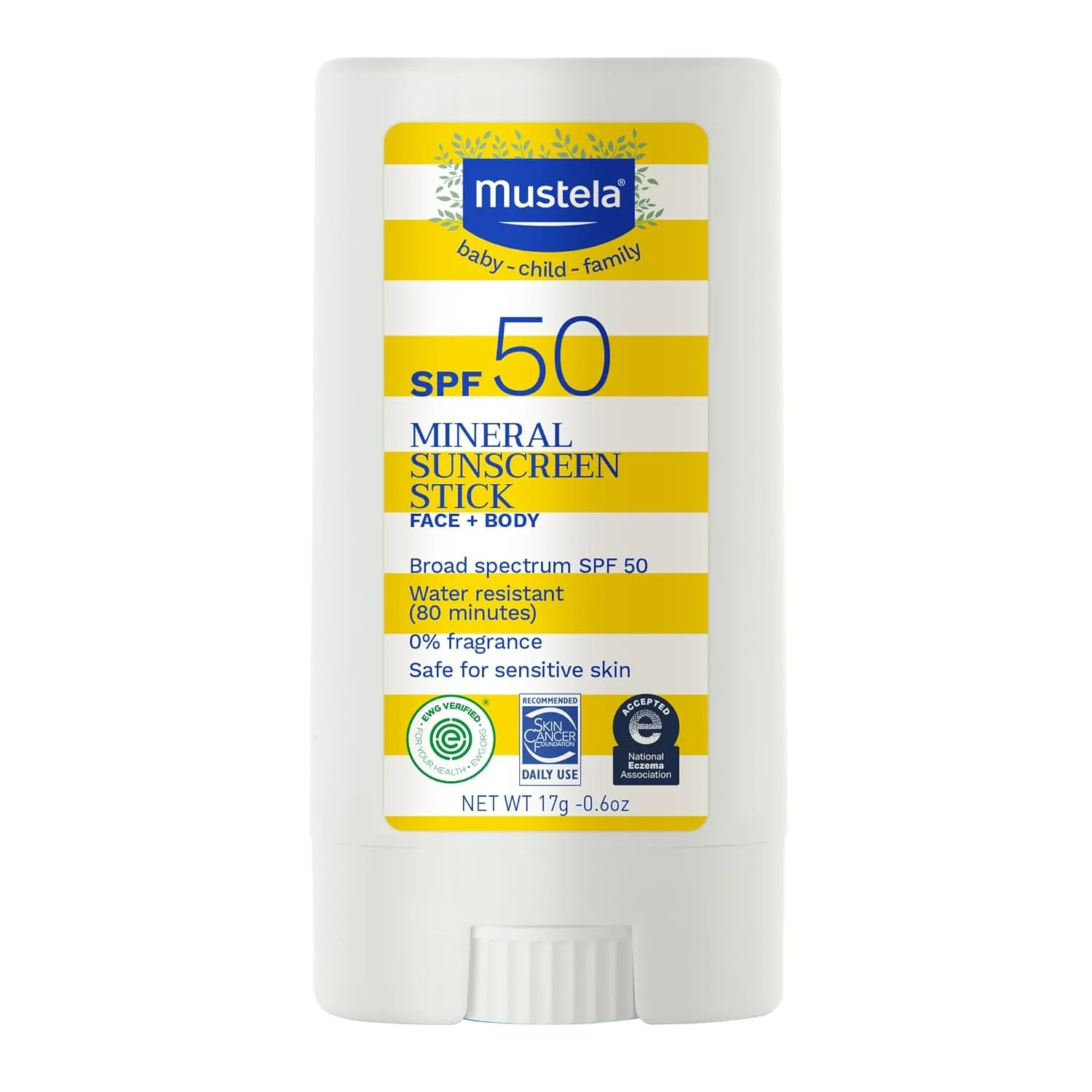 Mustela Baby минеральный солнцезащитный стик SPF 50 широкого спектра для лица и тела с 70% органических ингредиентов, ультралегкий, водостойкий, без отдушки, 17 г