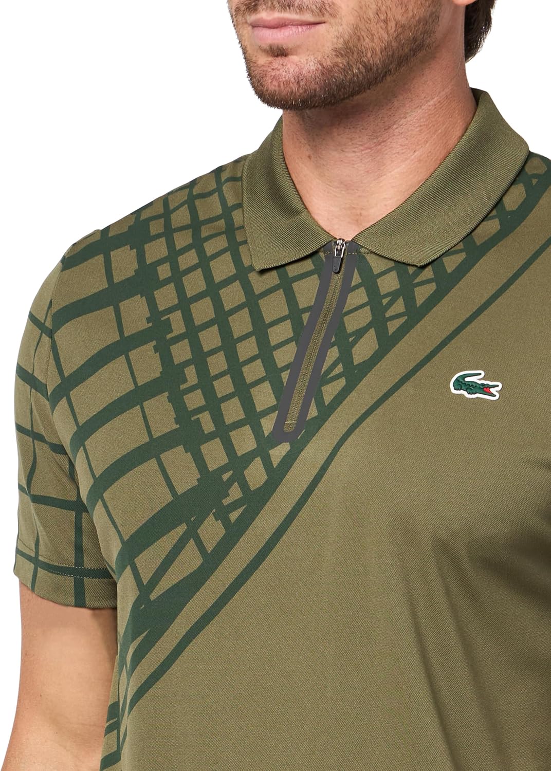 Lacoste мужская спортивная футболка-поло Ultra-Dry Printed Slim Fit Tennis, Olive — фото 3
