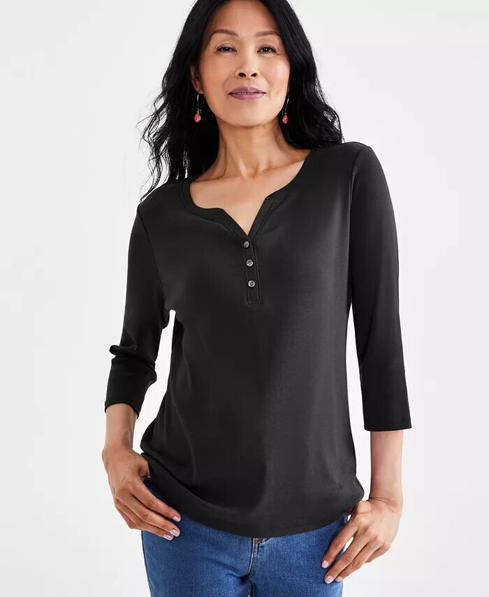 

Женская хлопковая футболка Henley с рукавом 3/4 Style & Co, черный