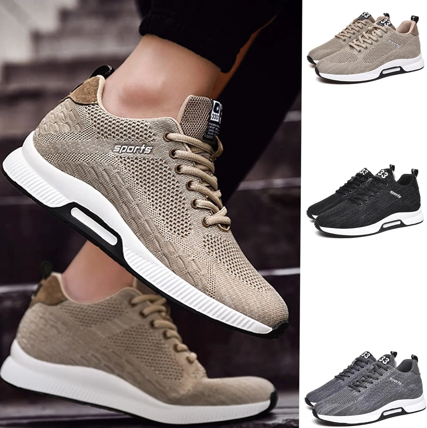 

Мужские модные кроссовки на шнуровке с невидимой застежкой, увеличивающие рост на 2,4 дюйма, легкие и повседневные ELSHTIDE, черный