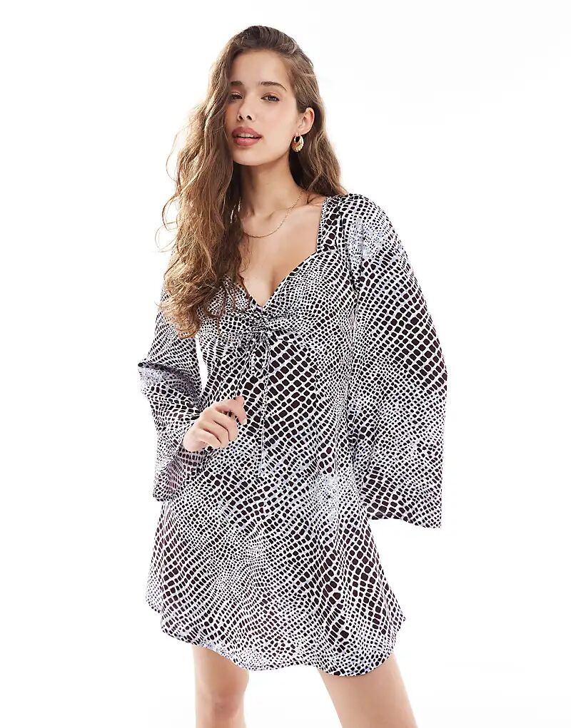 

Мини-платье Wednesday's Girl с гофрированными рукавами, синее, с принтом змеи