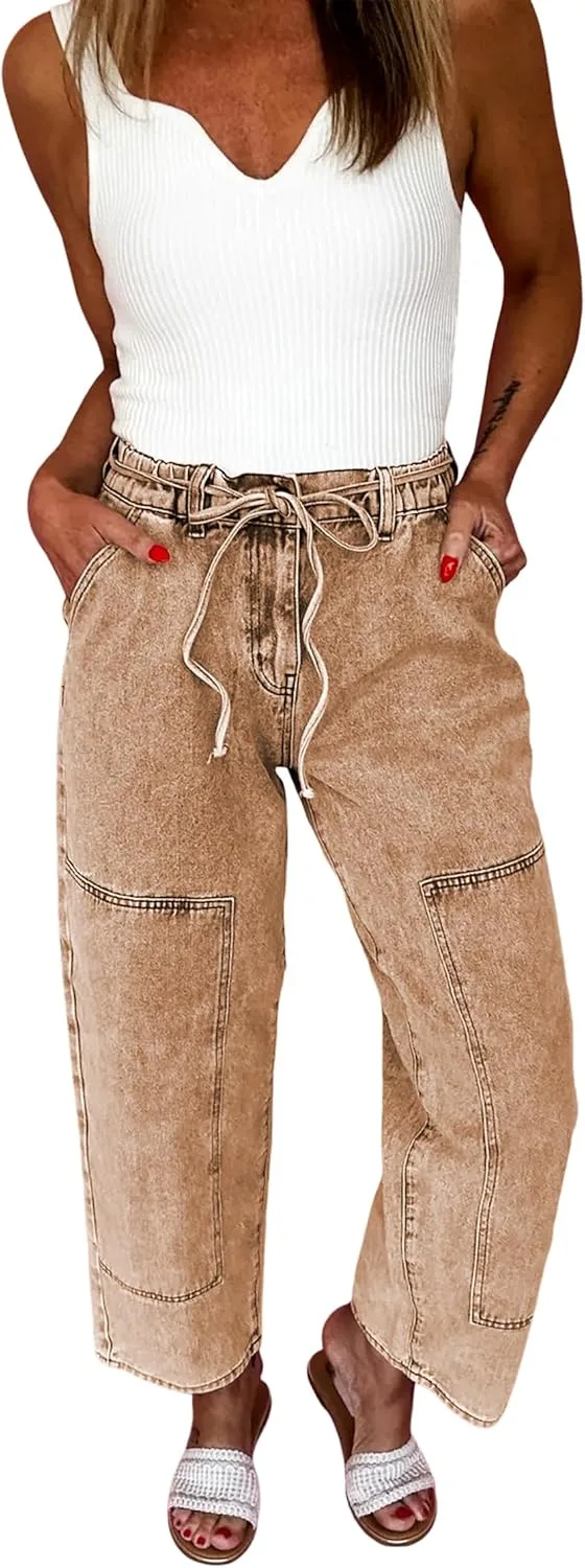 

Джинсы для женщин Smoke Gray Acid Wash Barrel Fit с поясным шнурком Opemiby