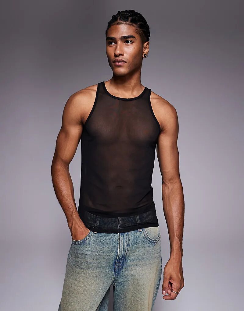 

Майка ASOS DESIGN Muscle Fit с высоким круглым вырезом из черной сетки