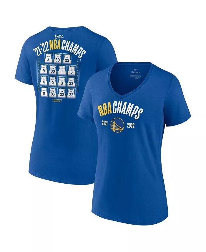 

Женская футболка Royal Golden State Warriors 2022 NBA Finals Champions Final Buzzer Футболка с v-образным вырезом Fanatics