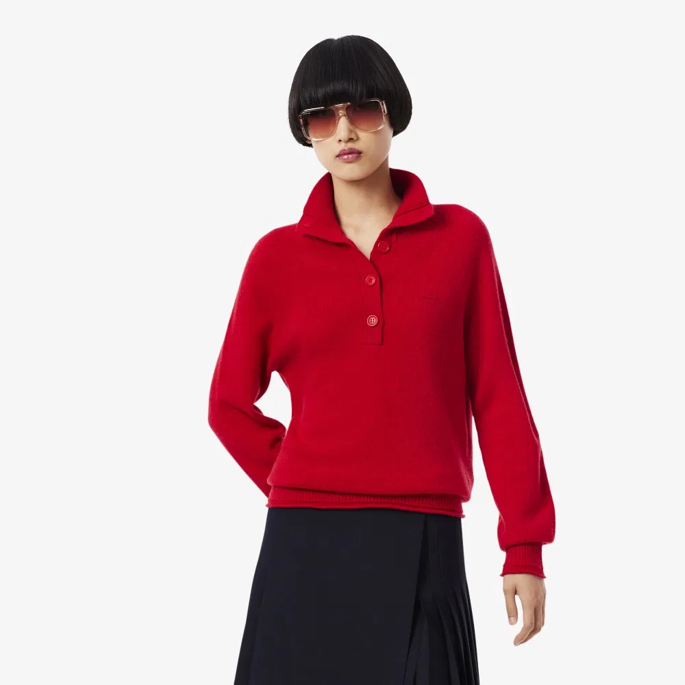 Свитер женский Lacoste, кардная шерсть, с полупуговицами, красный — фото 2
