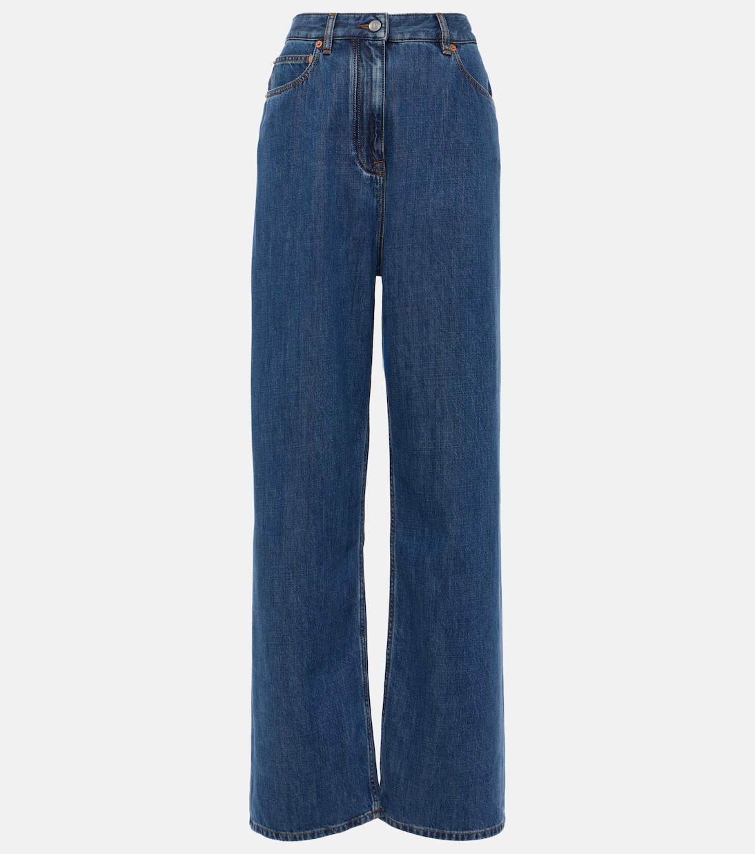 Джинсы с высокой посадкой и широкими штанинами Valentino, Medium Blue Denim