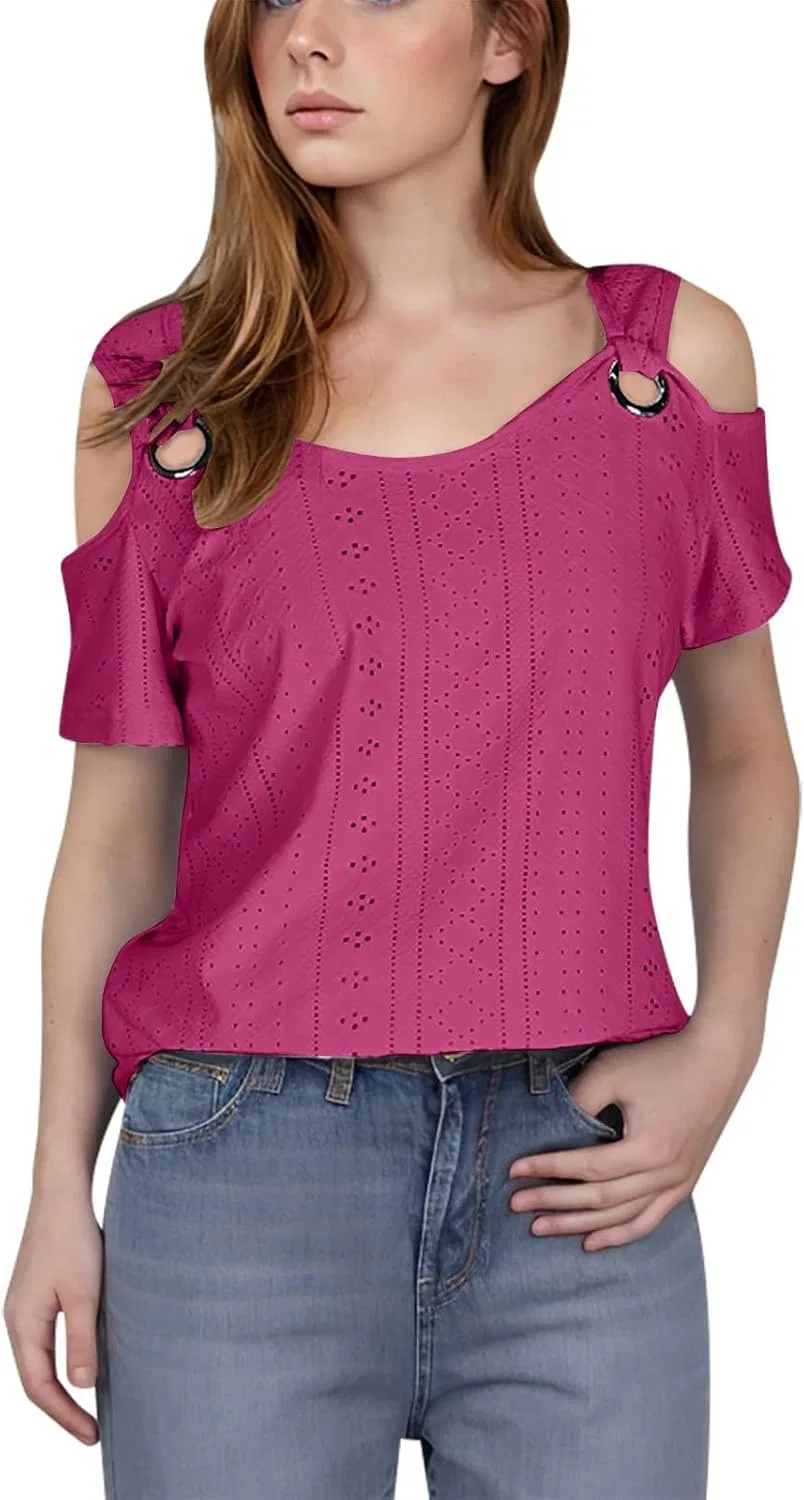 Женская блуза с открытыми плечами, Hollow Out, короткий рукав, 1a-hot Pink