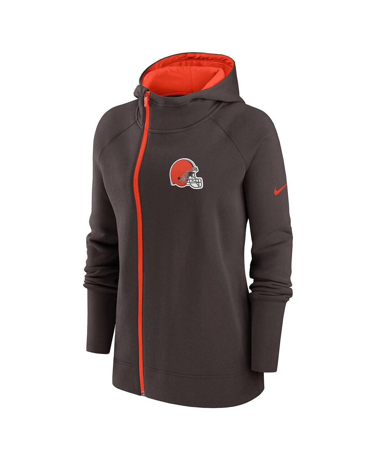 Женская коричневая толстовка с капюшоном с молнией во всю длину Cleveland Browns асимметричного кроя реглан Nike, коричневый — фото 2