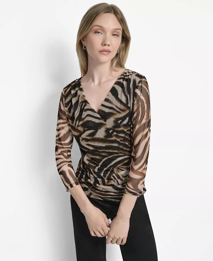 

Женский сетчатый топ с V-образным вырезом и рукавами 3/4 DKNY, черный