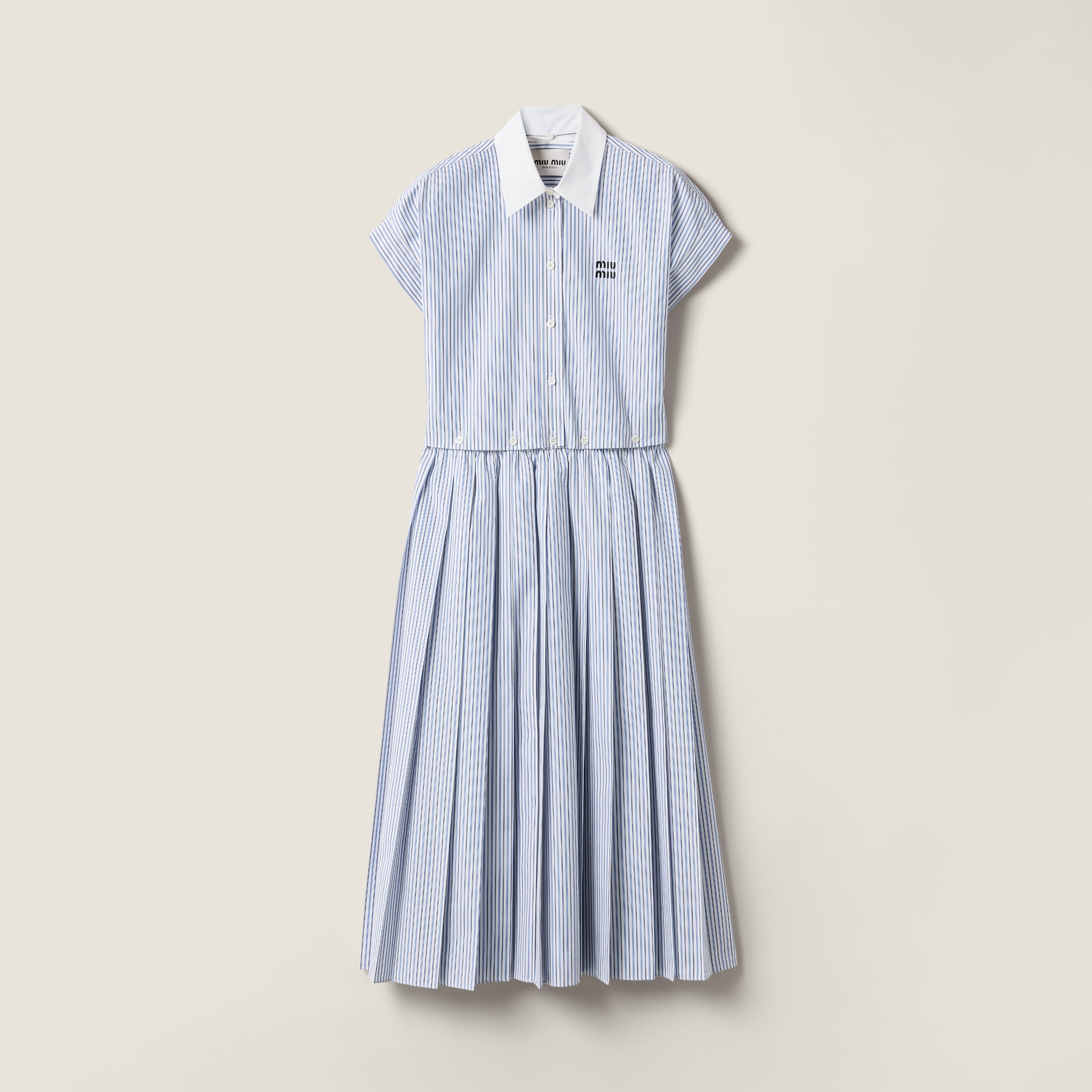 

Плиссированное миди-платье в полоску из поплина MIU MIU, белый/светло-голубой