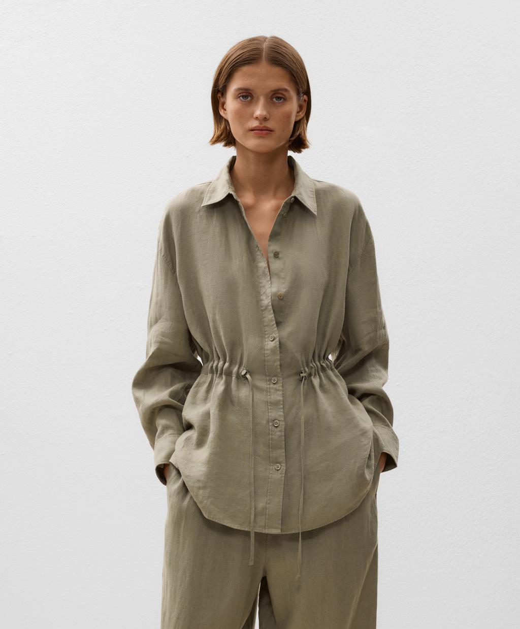 

Длинная рубашка из 100% льна с регулируемой талией Oysho, цвет Washed Khaki