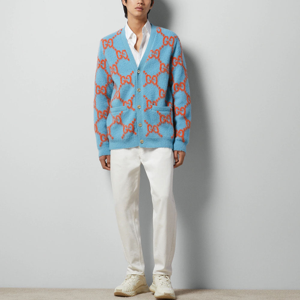 Кардиган Gucci Wool Cardigan With GG Intarsia 'Light Blue Orange' 764738-XKDPB-4001, синий — фото 2