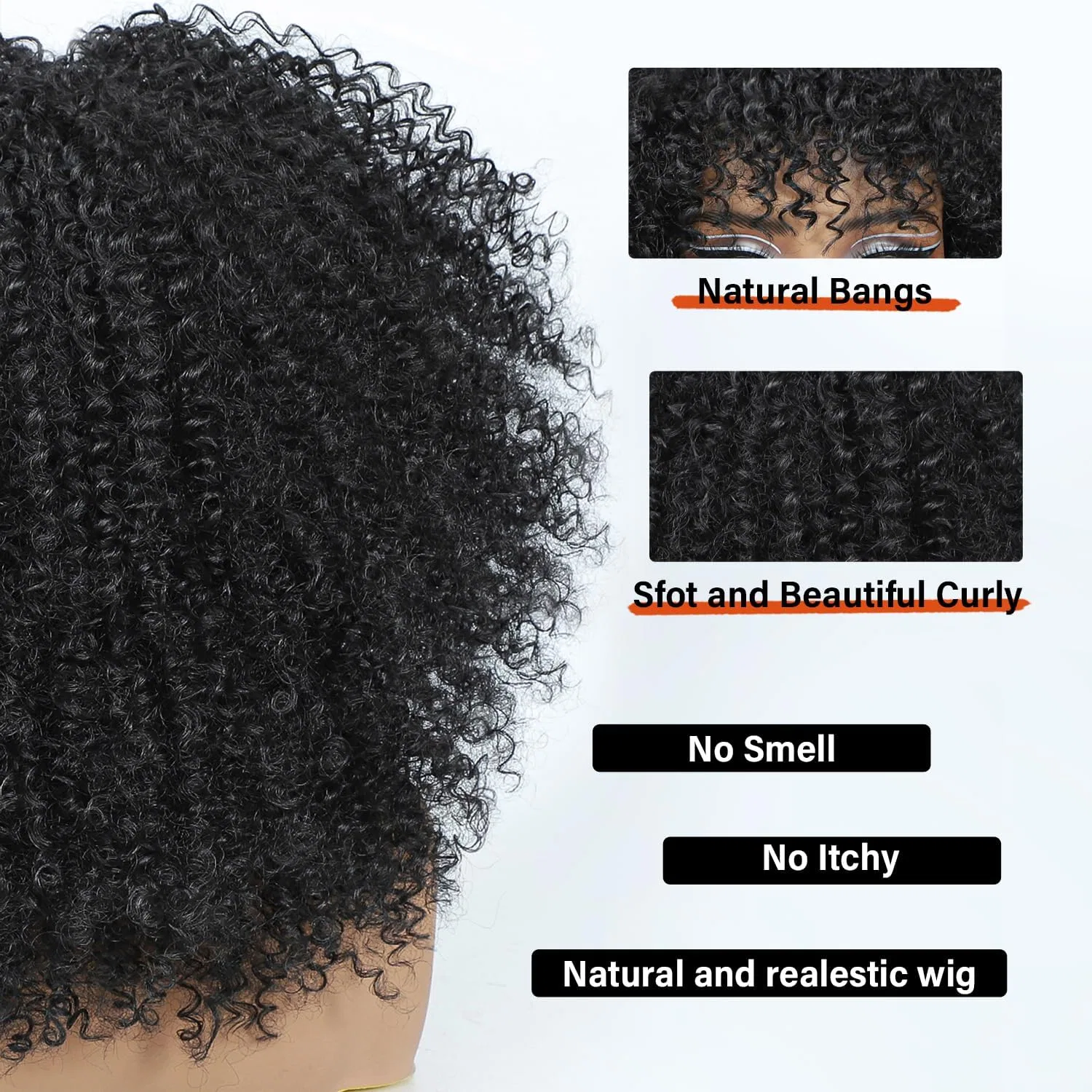 Женский парик из натуральных афро-кудрявых волос с челкой Romface, # Natural Black P1B — фото 4