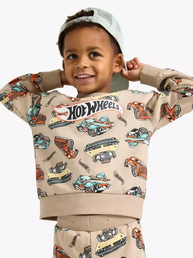 Детская хлопковая толстовка свободного кроя с рисунком Hot Wheels, пыльно-бежевый цвет Lindex